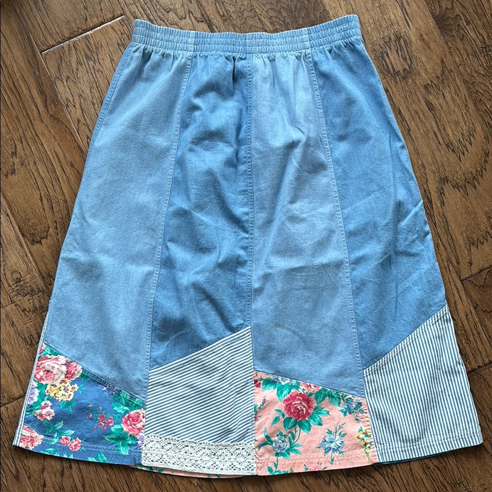 Floral Patchwork Denim Midi Skirt - image 3